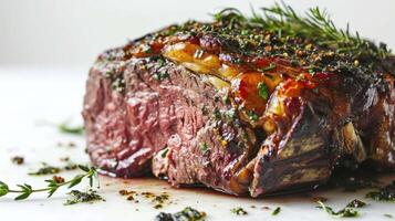 Seite Aussicht von ein Kraut verkrustet Prime Rippe Steak gegen ein Weiß Hintergrund foto