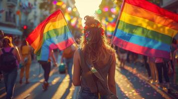 zurück Aussicht von Menschen mit lgbt halten Flaggen Parade auf das Straße, foto