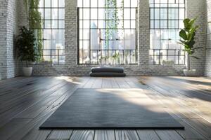 grau Yoga Matte auf hölzern Fußboden im modern Fitness Studio mit groß Fenster und Weiß Backstein Wände. foto