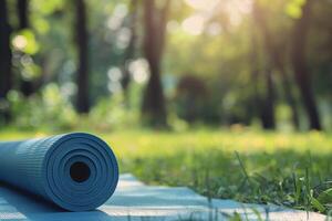 Blau Fitness Matte auf ein Gras im ein verschwommen Sommer- Park auf Hintergrund. Nahansicht. foto