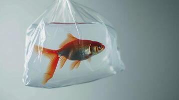 minimalistisch transparent Tasche Skulptur mit anmutig Goldfisch foto