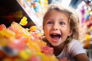 ein glücklich Kind im das Süßigkeiten Paradies von ein Süßigkeiten speichern. foto