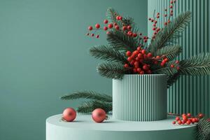 modern minimalistisch Weihnachten Komposition mit rot Beeren und Kiefer Geäst im ein gerippt Vase auf ein blaugrün Hintergrund foto