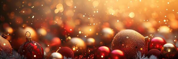 ein Weihnachten glänzend Banner mit viele rot und Gold festlich Elemente foto