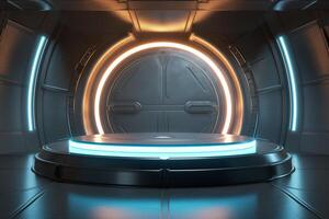 futuristisch neonbeleuchtet kreisförmig Portal auf ein Raumschiff, perfekt zum Produkt präsentieren foto