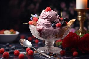 elegant Beere Eis Sahne Dessert im ein Jahrgang Glas Schüssel, geschmückt mit frisch Beeren und Blumen foto