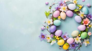 bunt Ostern Eier und Blumen auf ein Blau Hintergrund foto