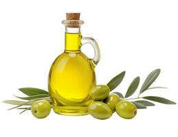Olive Öl und Olive Blätter isoliert auf Weiß Hintergrund foto