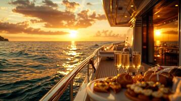 Luxus Sonnenuntergang Yacht Kreuzfahrt mit Champagner Toast foto