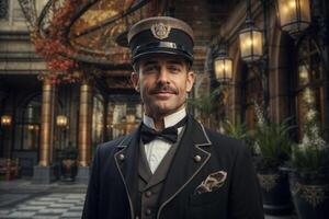 zuversichtlich Hotel Porter im Uniform, Stehen beim großartig Hotel Eingang mit ein freundlich Lächeln foto