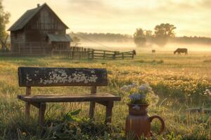 friedlich Morgen mit ein Sonnenaufgang Über ein pastoral Bauernhof, mit ein Bank und Blumen foto