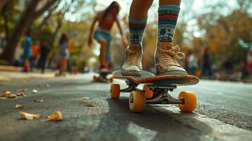 städtisch Skateboarding stilvoll Skater Kreuzfahrt im das Park foto