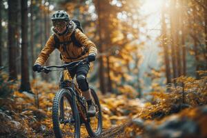 Berg Biker Reiten durch Herbst Wald foto