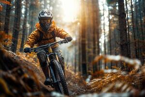 heftig Berg Biker navigiert ein szenisch Wald Weg gegen das Hintergrund von ein Rahmen Sonne foto