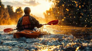 Sonnenuntergang Kajak fahren Abenteuer auf Fluss foto