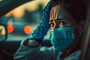 berühren Darstellung von ein tränenreich Krankenschwester nehmen ein Moment von Aufschub im ihr Fahrzeug nach ein herausfordernd Verschiebung foto