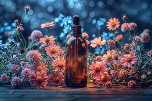 mystisch Ambiente wie bach Blume Tinktur Flasche unter Blühen Blumen unter Dämmerung glühen foto