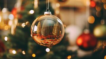 Weihnachten Dekorationen Nahansicht gegen das Hintergrund von ein Weihnachten Baum foto