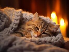 gemütlich Winter Zuhause mit Katze Schlafen auf Bett auf warm Decke Nahansicht. authentisch Haus Innere foto