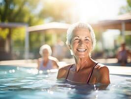 aktiv Senior Frauen genießen aqua passen Klasse im ein Schwimmbad. das Konzept von aktiv Leben im alt Alter foto