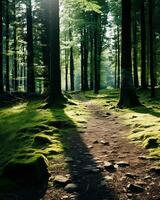 Wald Weg Landschaft gebadet im Sonnenlicht Filtern durch hoch aufragend Bäume foto