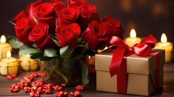 Valentinstag Tag Geschenk, ein Box mit ein Bogen und Rosen Nahansicht. 14 Februar Konzept foto
