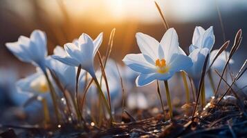 Krokus Blumen aalen im zuletzt Licht von Tag während früh Frühling Abend foto