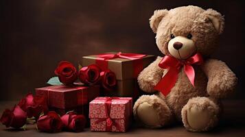 Valentinstag Tag Geschenk, ein Box mit ein Bogen, Rosen und Teddybär Nahansicht. 14 Februar Konzept foto