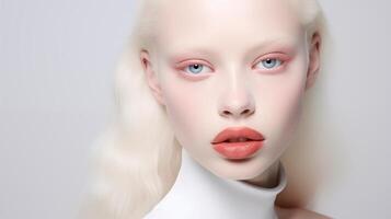 Porträt von schön Albino Teen Mädchen mit naiv Gesichts- Ausdruck und rundlich Lippen. natürlich Schönheit mit glühend gesund Haut. Werbung von Kosmetika, Parfums foto