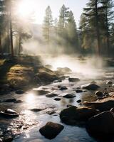 heiter Fluss Landschaft mit Morgen Sonnenlicht Streaming durch Bäume foto