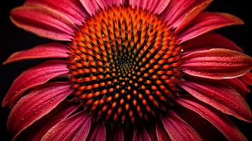 Makro Aussicht von ein rot Echinacea Blume mit Tau auf es ist Blütenblätter foto