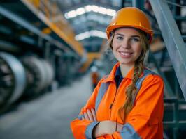 zuversichtlich weiblich Ingenieur im Orange Helm beim industriell Maschinen foto