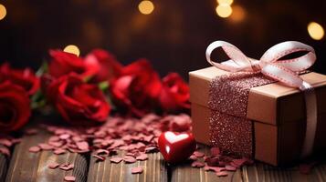 Valentinstag Tag Geschenk, ein Box mit ein Bogen und Rosen Nahansicht. 14 Februar Konzept foto