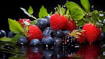 Makro Hintergrund von sortiert Beeren mit planschen Wasser Tröpfchen foto