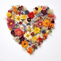 bunt Blumen- Herz auf Weiß Hintergrund mit ein Vielfalt von blüht foto
