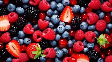 Makro Hintergrund von sortiert Beeren im hoch Detail und beschwingt Farben foto