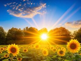 Sonnenblumen beim Dämmerung mit Strahlen strahlend durch Bäume im ein Sommer- Feld foto