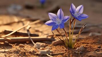 wild Blau Flachs Blüten leuchtenden unter warm Wüste Sonne im sandig Terrain foto