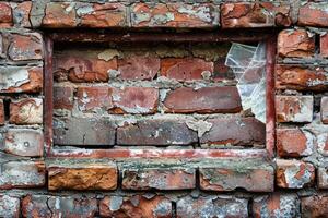 alt rot Backstein Mauer mit gemauert oben Fenster und gebrochen Fenster Konzept. foto