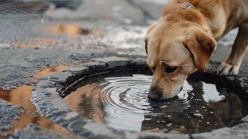 Straße Loch Flüssigkeitszufuhr Szene, Hund Trinken Wasser im städtisch Rahmen foto