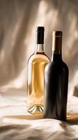 elegant Wein Flaschen auf zerknittert Stoff foto