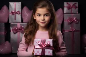 ziemlich jung Mädchen im ein gemütlich Rosa Sweatshirt halten ein schön eingewickelt Geschenk foto