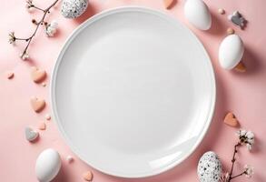 Ostern Tag Konzept. oben Aussicht Illustration von Weiß Kreis bunt Ostern Eier und Konfetti foto