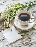 Tasse von Kaffee mit Blume sagen Guten Morgen foto