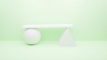 ein leeren Weiß Podium gehaltenen durch ein Kugel und ein Pyramide auf ein Licht Grün foto