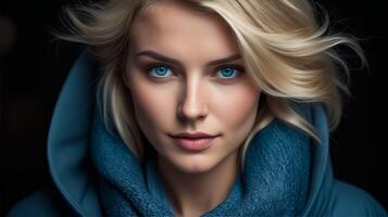 ein Frau mit blond Haar und Blau Augen ist tragen ein Blau Kapuzenpullover foto