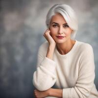 ein Frau mit Weiß Haar und ein Weiß Sweatshirt ist Sitzung und suchen beim das Kamera foto