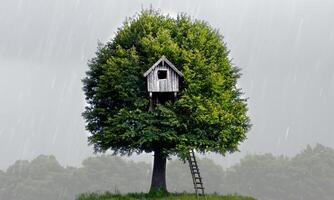 wenig Hütte auf das Baum im das Regen foto