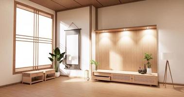 Holzschrank im modernen leeren Raum und weiße Wand auf weißem Bodenraum im japanischen Stil. 3D-Rendering foto