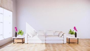 ein Wohnzimmer mit Sofa im minimalistischen Stil, weißes Wohnzimmer im tropischen Stil mit Holzmaserboden foto